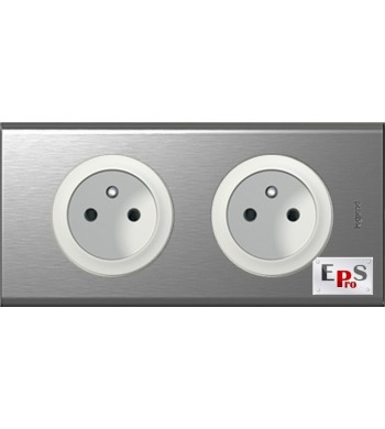 Double Prise 2 P + T Céliane Inox Brossé + Blanc-Legrand-C3597-IM#26242